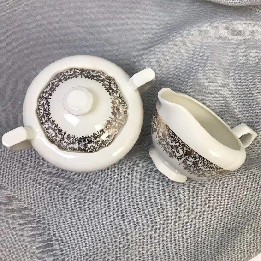 Vintage Creamer and Sugar Bowl Cream With Gold Filigree Trim Traditional China